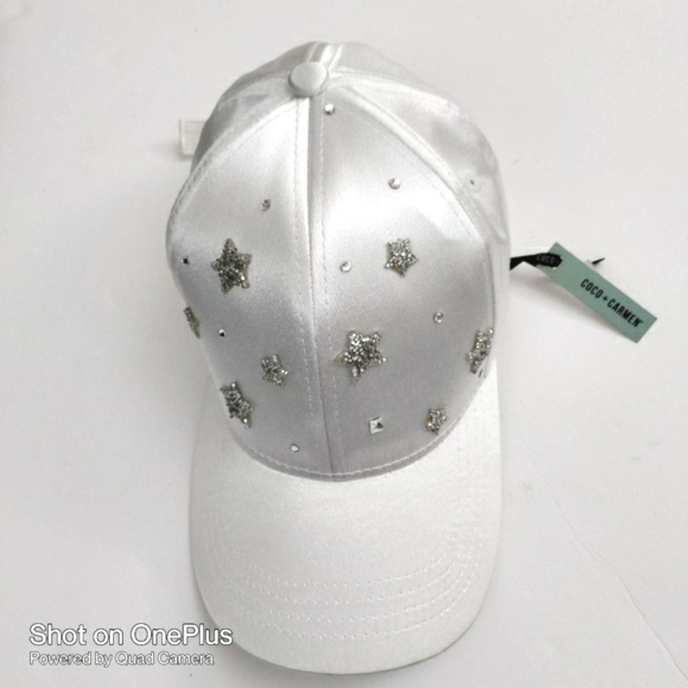 🎁 NWT Women hat rhinestone bling  stars white satin by Coco- Carmen Adjustable